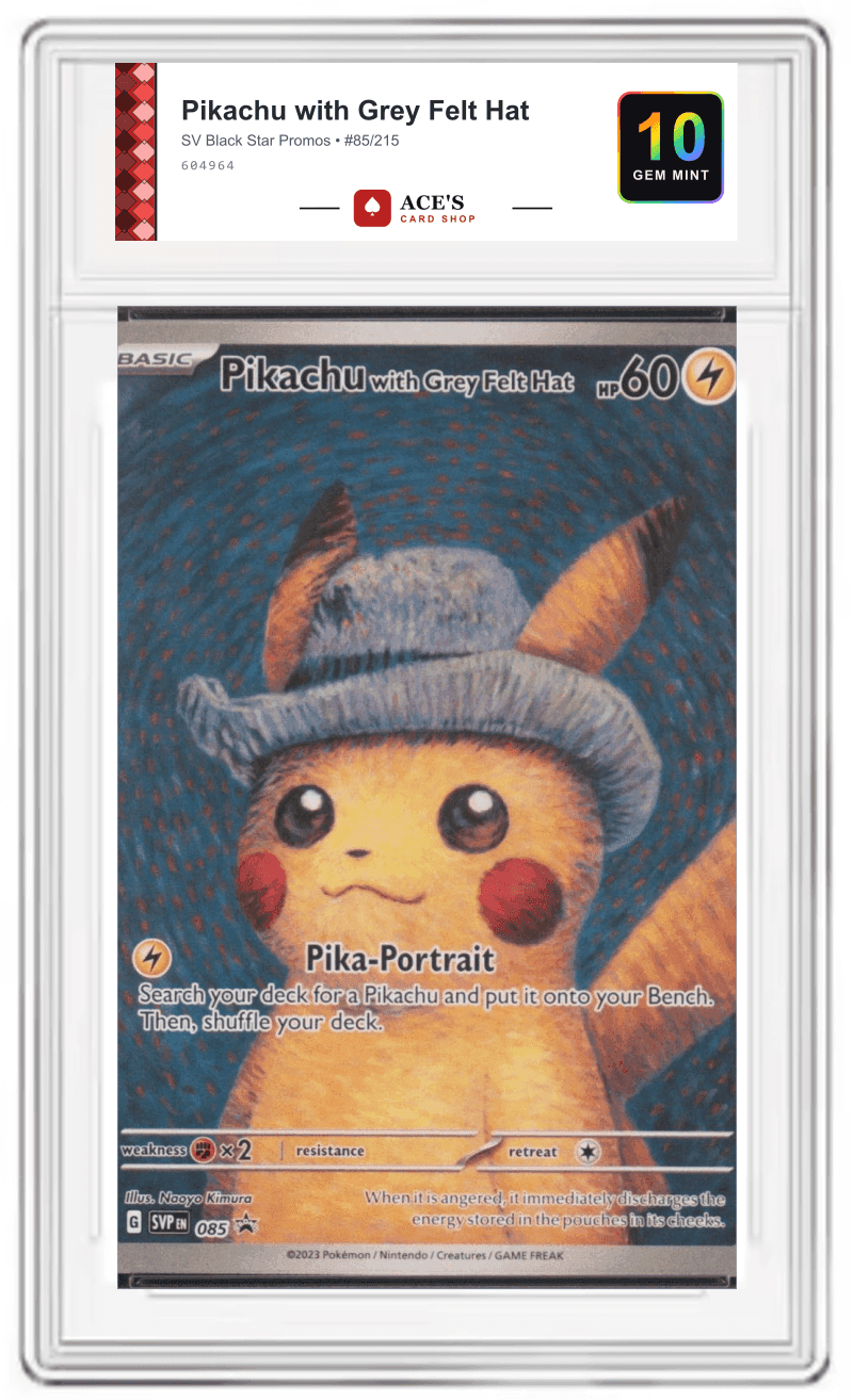 Pikachu with Grey Felt Hat graded DCM 10 Gem Mint in a slab labelled for Ace's Card Shop