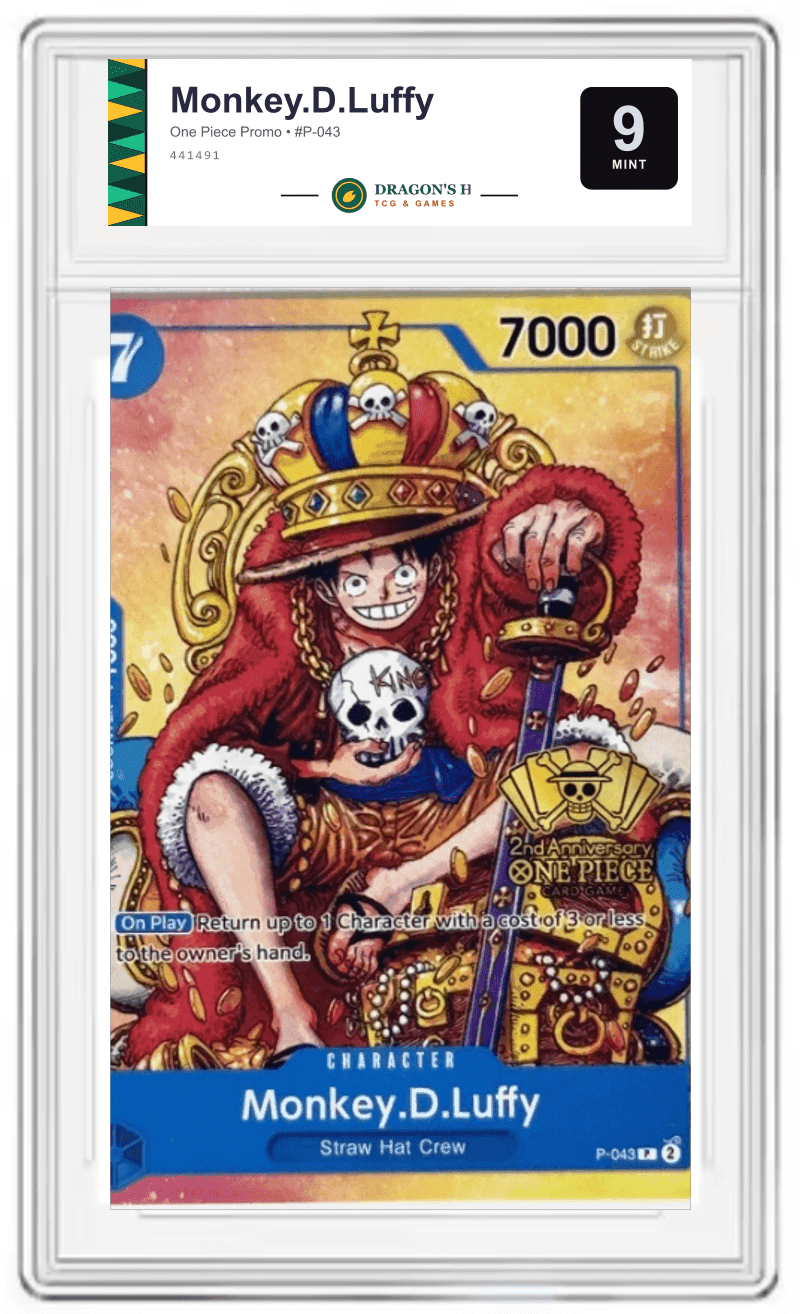 Monkey D. Luffy One Piece promo graded DCM 9 Mint in a slab labelled for Dragon's Hoard TCG