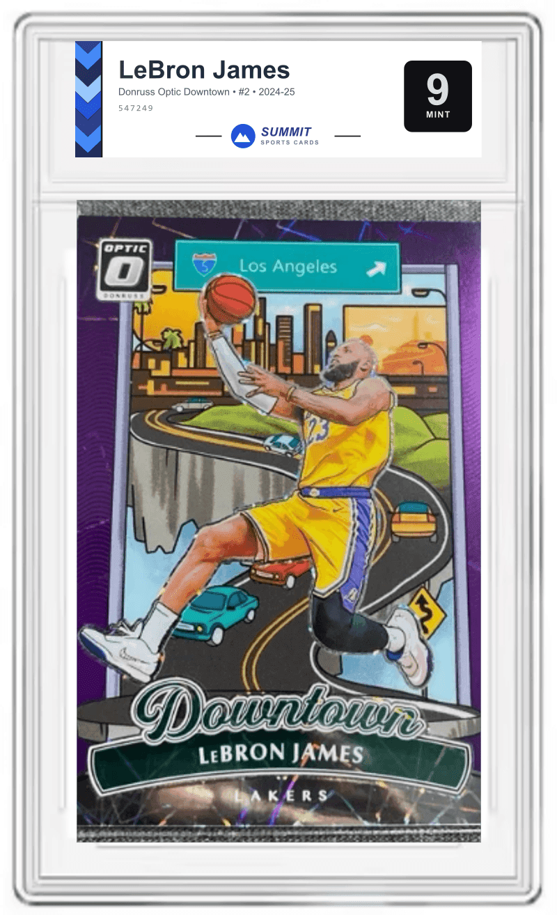 LeBron James Donruss Optic Downtown graded DCM 9 Mint in a slab labelled for Summit Sports Cards