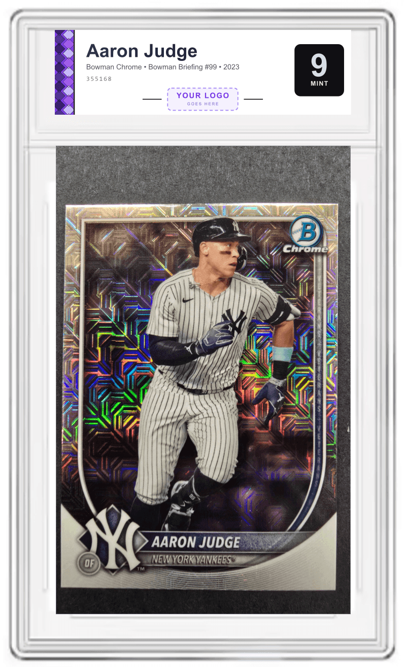 Aaron Judge Bowman Chrome graded 9 Mint in a DCM slab with the label's logo slot reserved for your brand