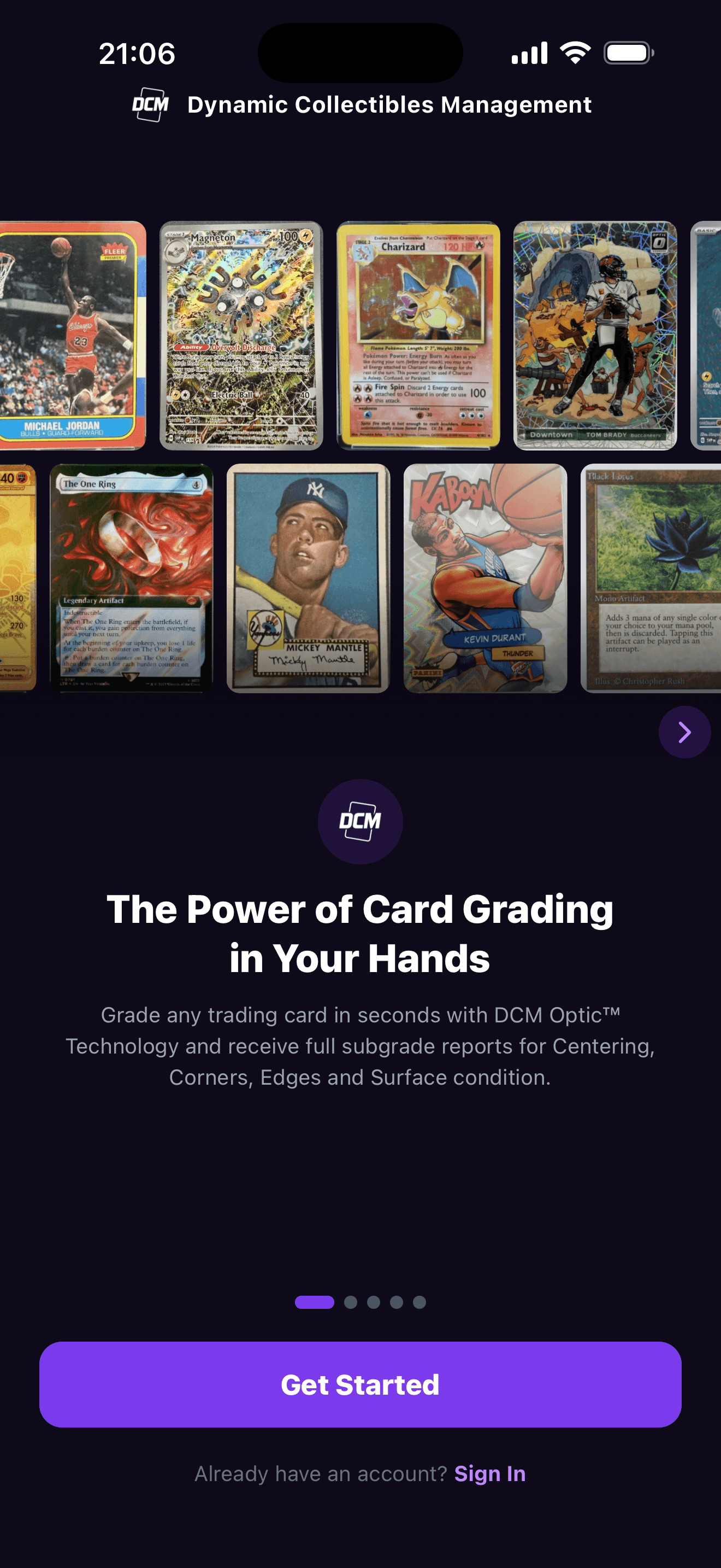 DCM Grading iPhone app showing the welcome screen