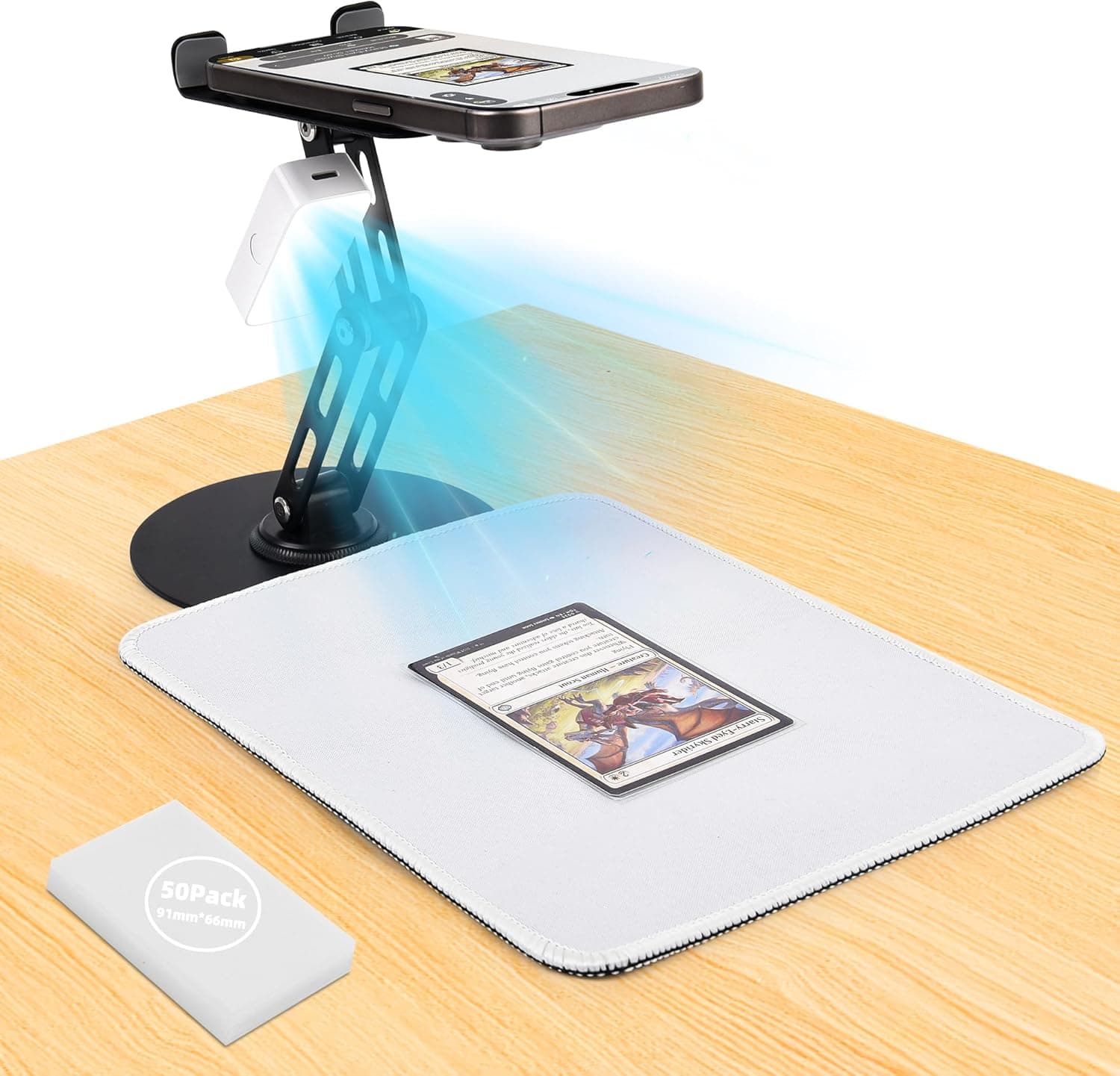 Phone stand for an overhead card photography setup