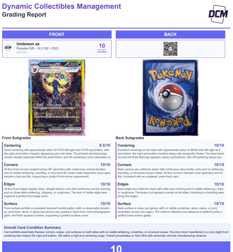 DCM Full Grading Report Example - Umbreon ex Gem Mint 10