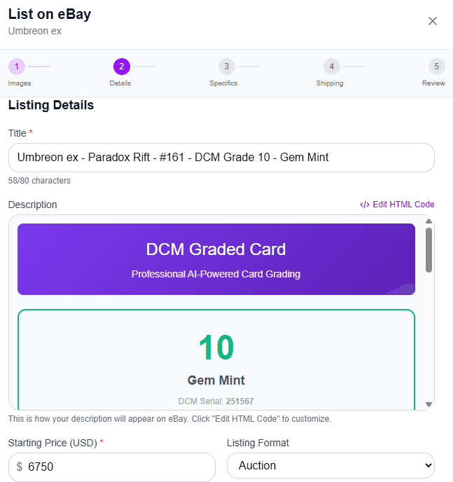 DCM InstaList to eBay — listing details view