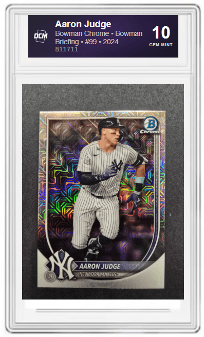 DCM-graded card with subgrades for centering, corners, edges, and surface alongside a defect log