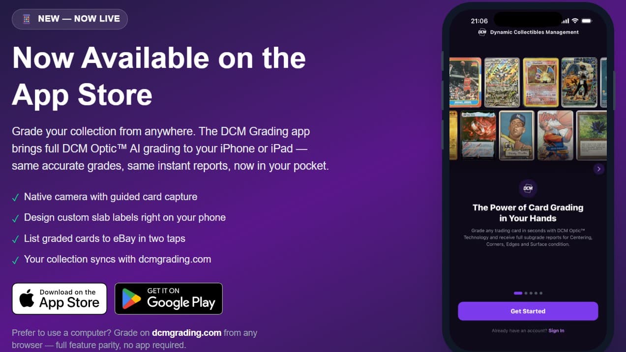 DCM Card Grading is now available on iOS and Android.