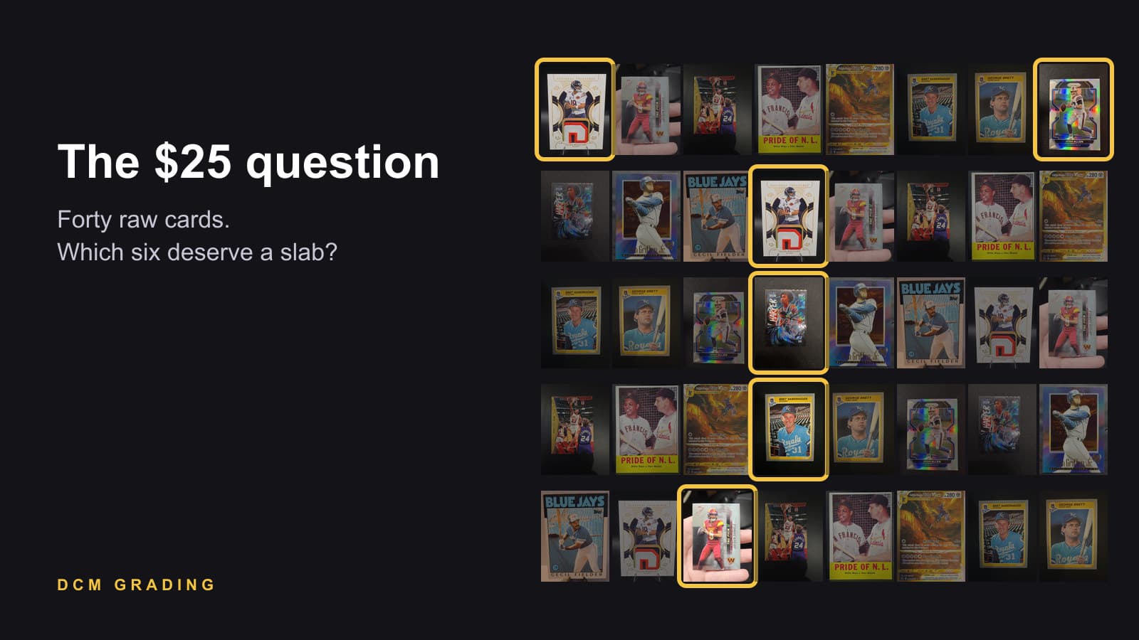 A grid of forty raw trading cards with six of them highlighted in gold
