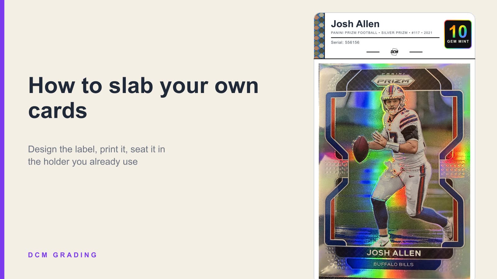 A Josh Allen Prizm card in a slab with a DCM Heritage label showing a Gem Mint 10 foil chip