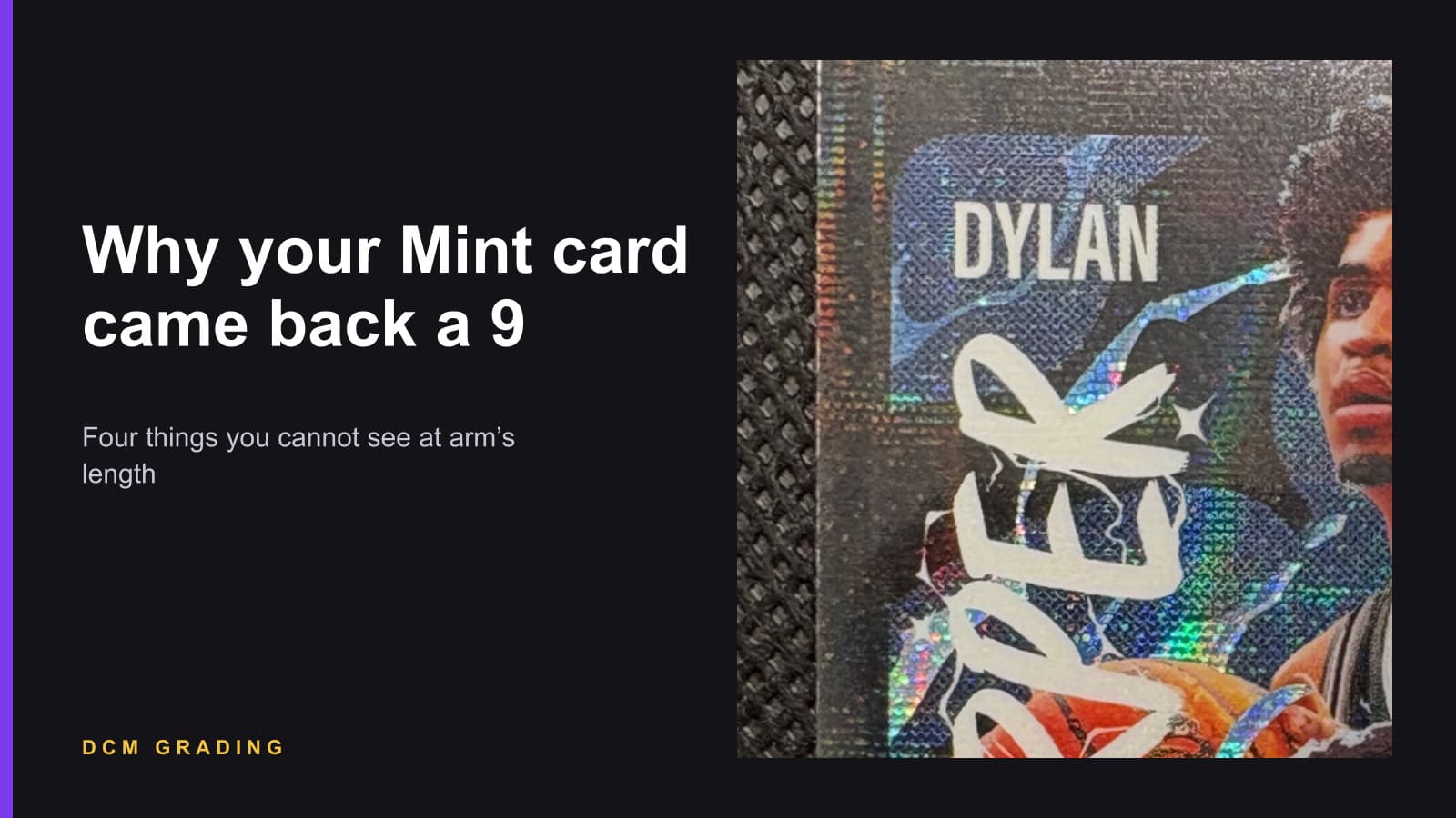 Macro photo of the top left corner of a Dylan Harper card showing light whitening on the corner
