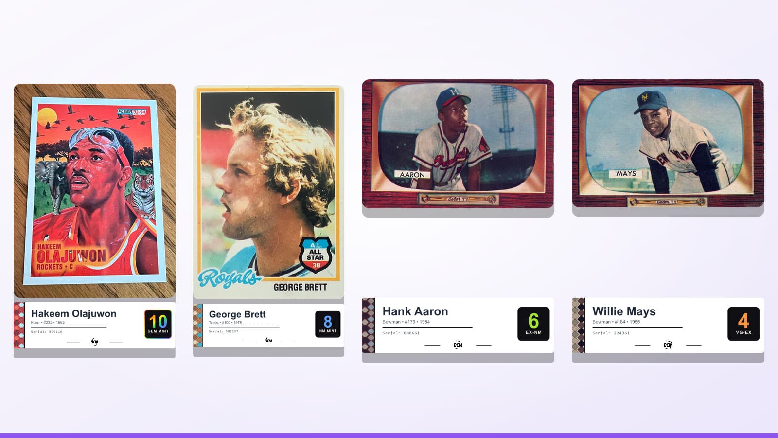 Four DCM graded cards from 10 down to 4: 1993 Fleer Hakeem Olajuwon 10, 1978 Topps George Brett 8, 1954 Bowman Hank Aaron 6, 1955 Bowman Willie Mays 4
