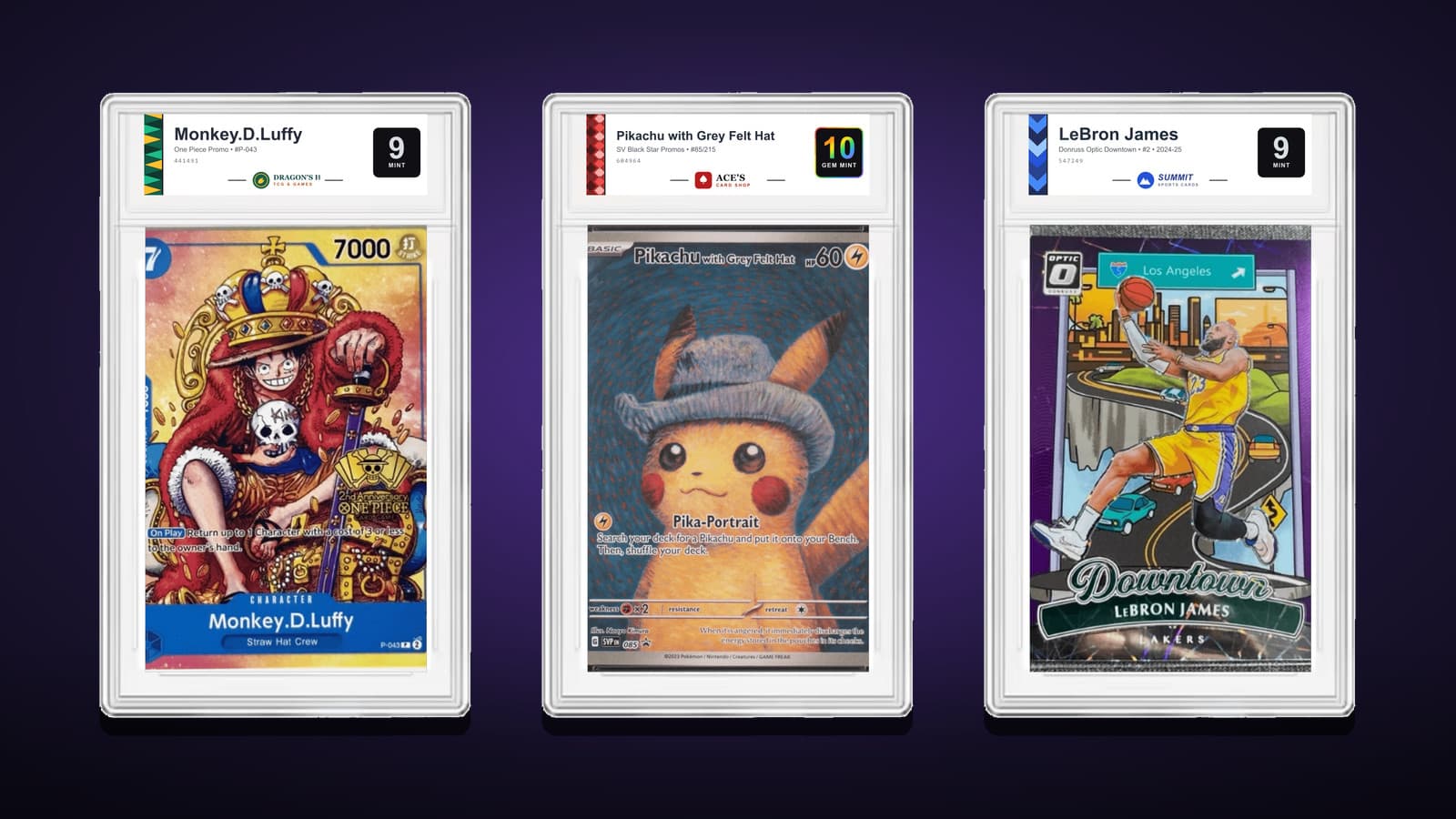 Three custom-branded DCM Enterprise slabs: a One Piece Luffy, a Pikachu with Grey Felt Hat and a LeBron James Downtown