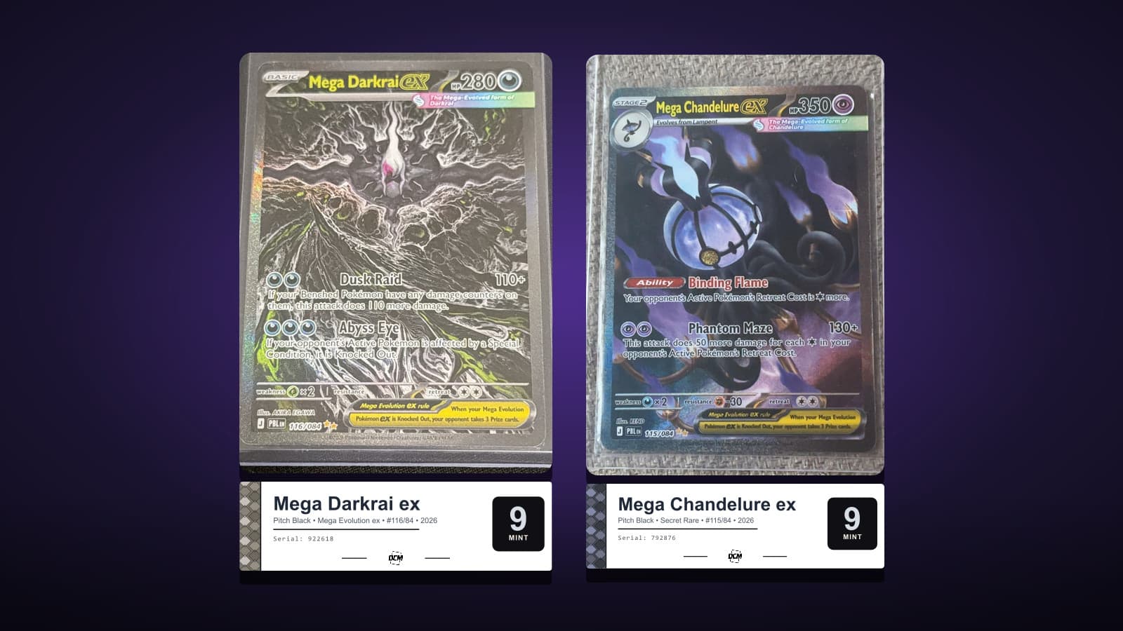 Two Pitch Black cards graded DCM 9, Mega Darkrai ex 116 and Mega Chandelure ex 115, with their labels