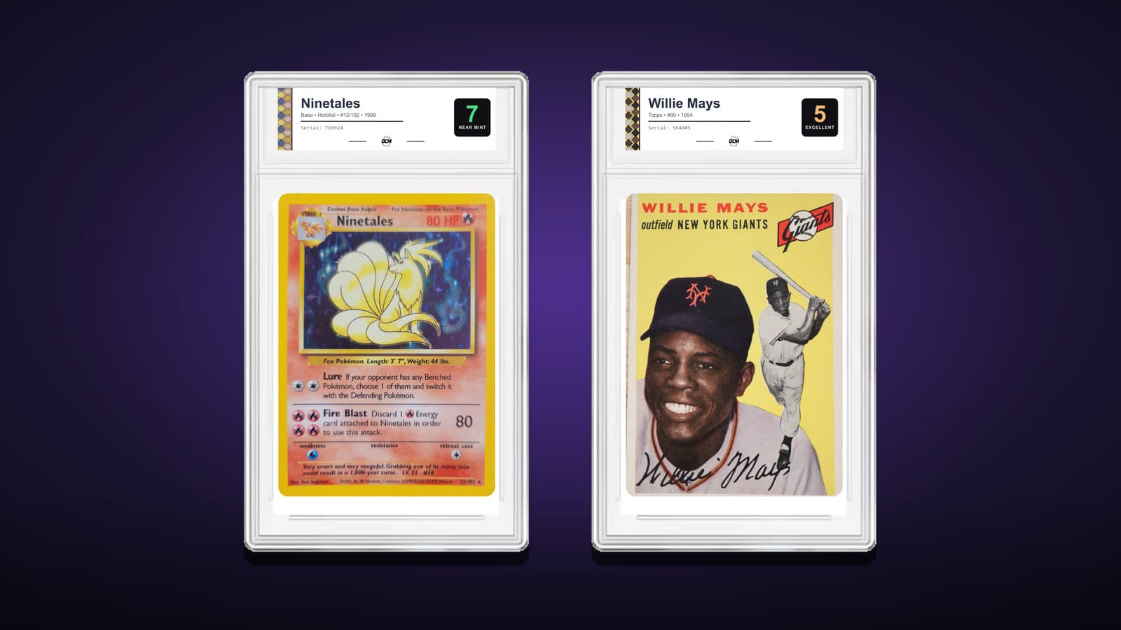 1999 Pokemon Base Set holo Ninetales #12/102 graded DCM 7 Near Mint and 1954 Topps Willie Mays #90 graded DCM 5 Excellent, in DCM Heritage label slabs