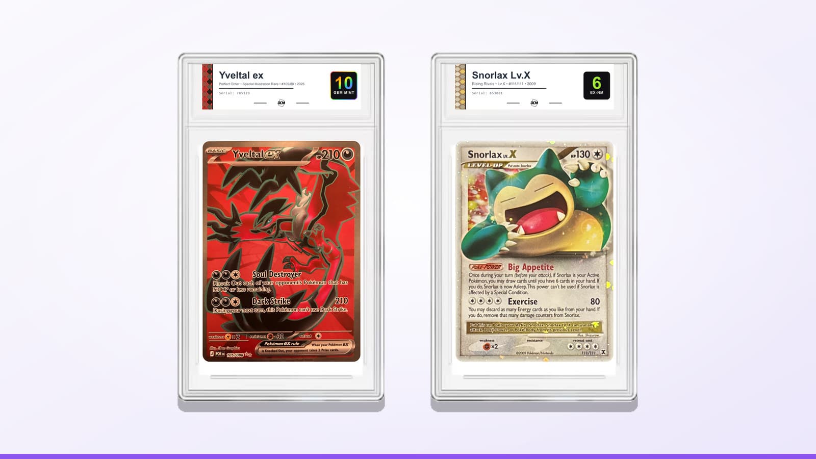 Yveltal ex (Perfect Order Special Illustration Rare #105/88, 2026) graded DCM 10 Gem Mint beside Snorlax Lv.X (Rising Rivals #111/111, 2009) graded DCM 6, in DCM Heritage label slabs
