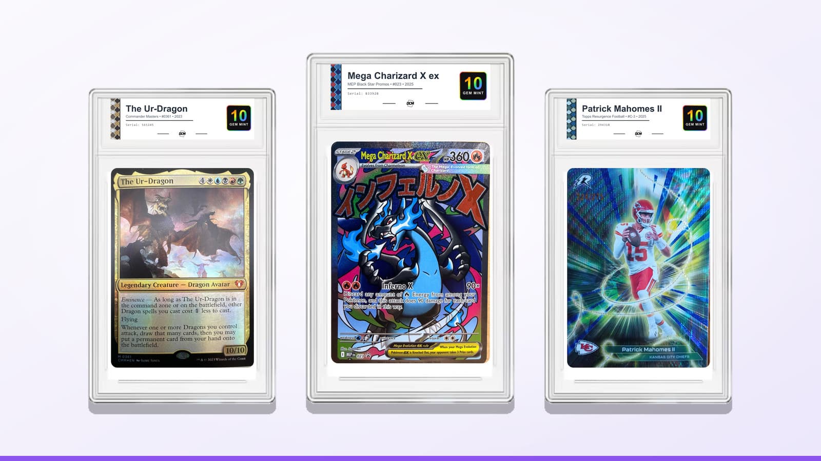 Three cards in DCM Heritage label slabs: The Ur-Dragon (Commander Masters 2023), Mega Charizard X ex (MEP Black Star Promo #023, 2025) and Patrick Mahomes II (2025 Topps Resurgence #C-3), each graded DCM 10 Gem Mint