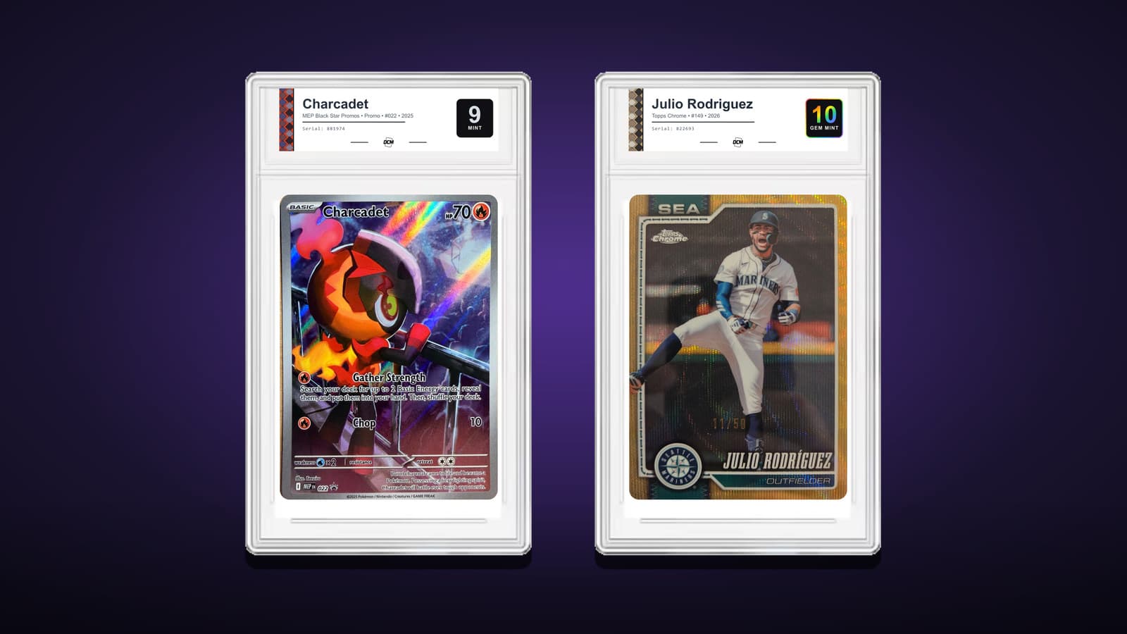 Charcadet (MEP Black Star Promo #022, 2025) graded DCM 9 Mint and Julio Rodriguez (2026 Topps Chrome #149, 11/50) graded DCM 10 Gem Mint, in DCM Heritage label slabs