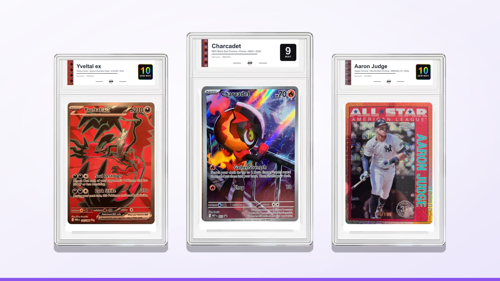 Yveltal ex graded DCM 10, Charcadet graded DCM 9 and 2025 Topps Chrome Aaron Judge graded DCM 10, in DCM Heritage label slabs