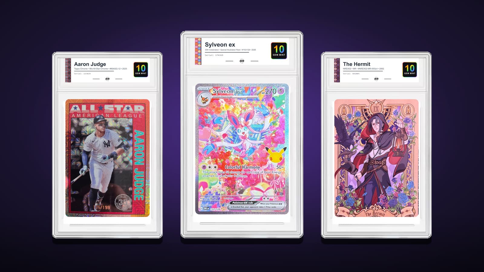 Aaron Judge (2025 Topps Chrome 90s All-Star #90ASG-12), Sylveon ex (30th Celebration #153/128, 2026) and The Hermit (Kayou Naruto), each graded DCM 10 Gem Mint in DCM Heritage label slabs