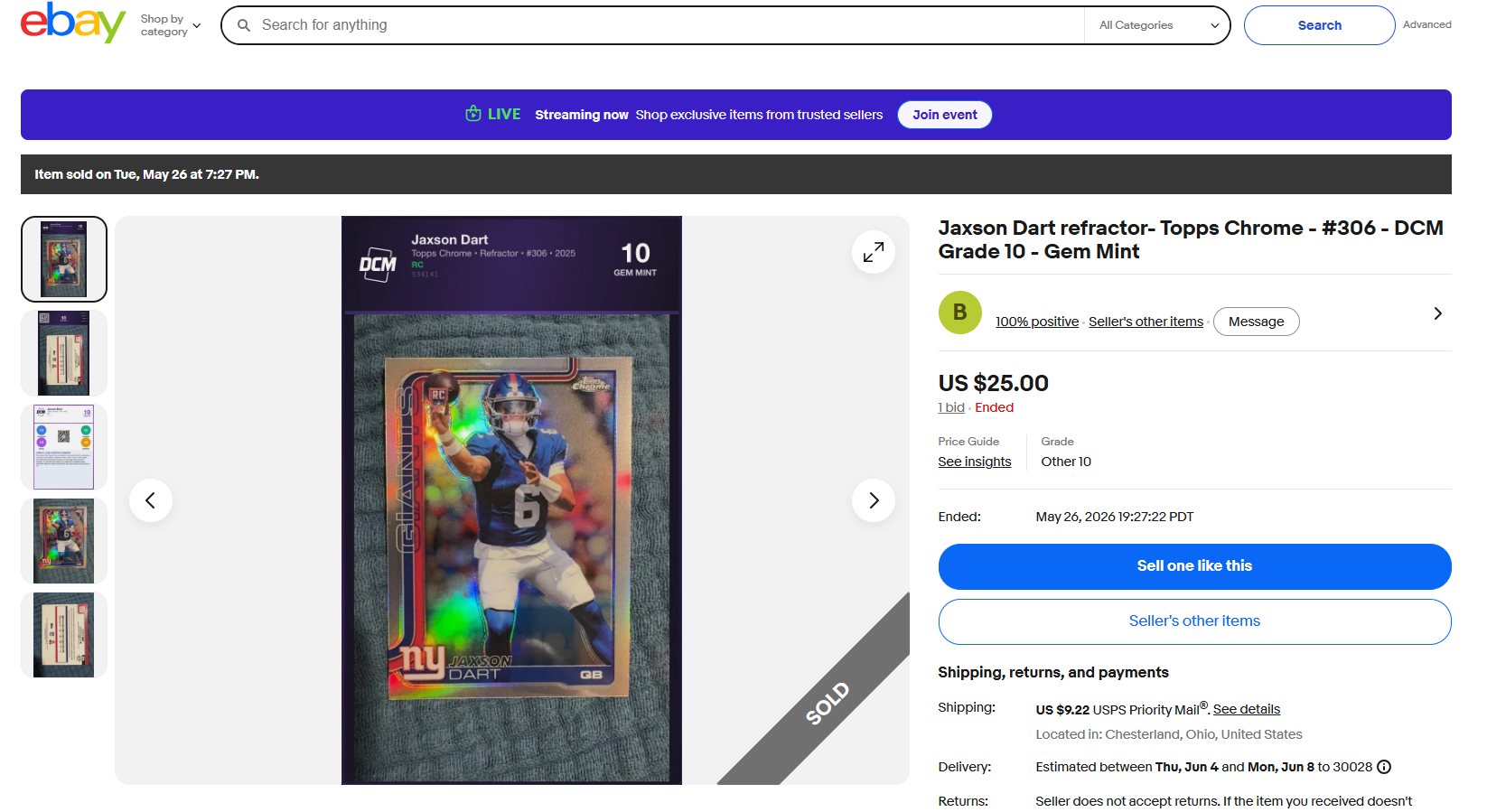 Top of the eBay listing — Jaxson Dart 2025 Topps Chrome Refractor rookie card, DCM Grade 10 Gem Mint, marked SOLD