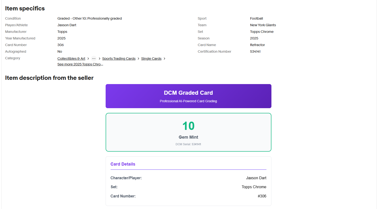 Item specifics section showing the DCM grading certification automatically populated into eBay item specifics