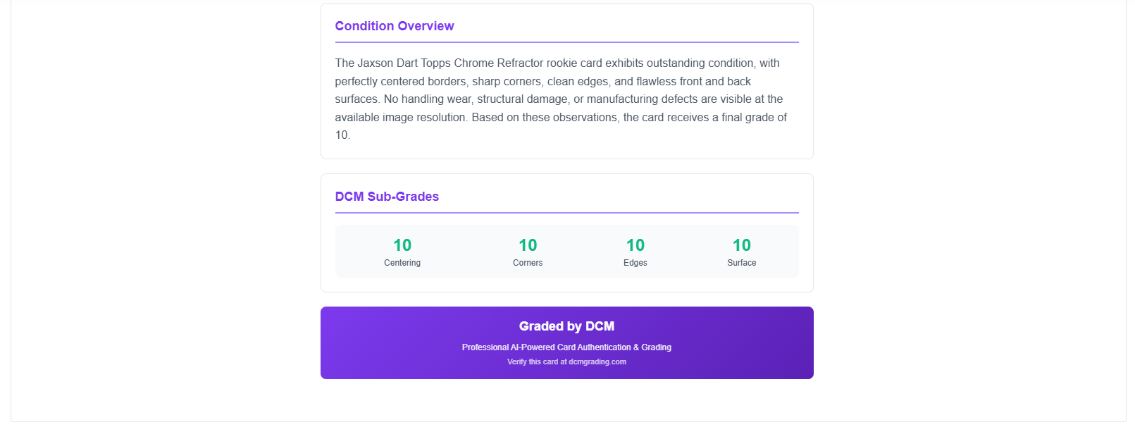 DCM grading report embedded in the eBay listing description — condition overview, sub-grades for centering, corners, edges, surface, and graded by DCM verification